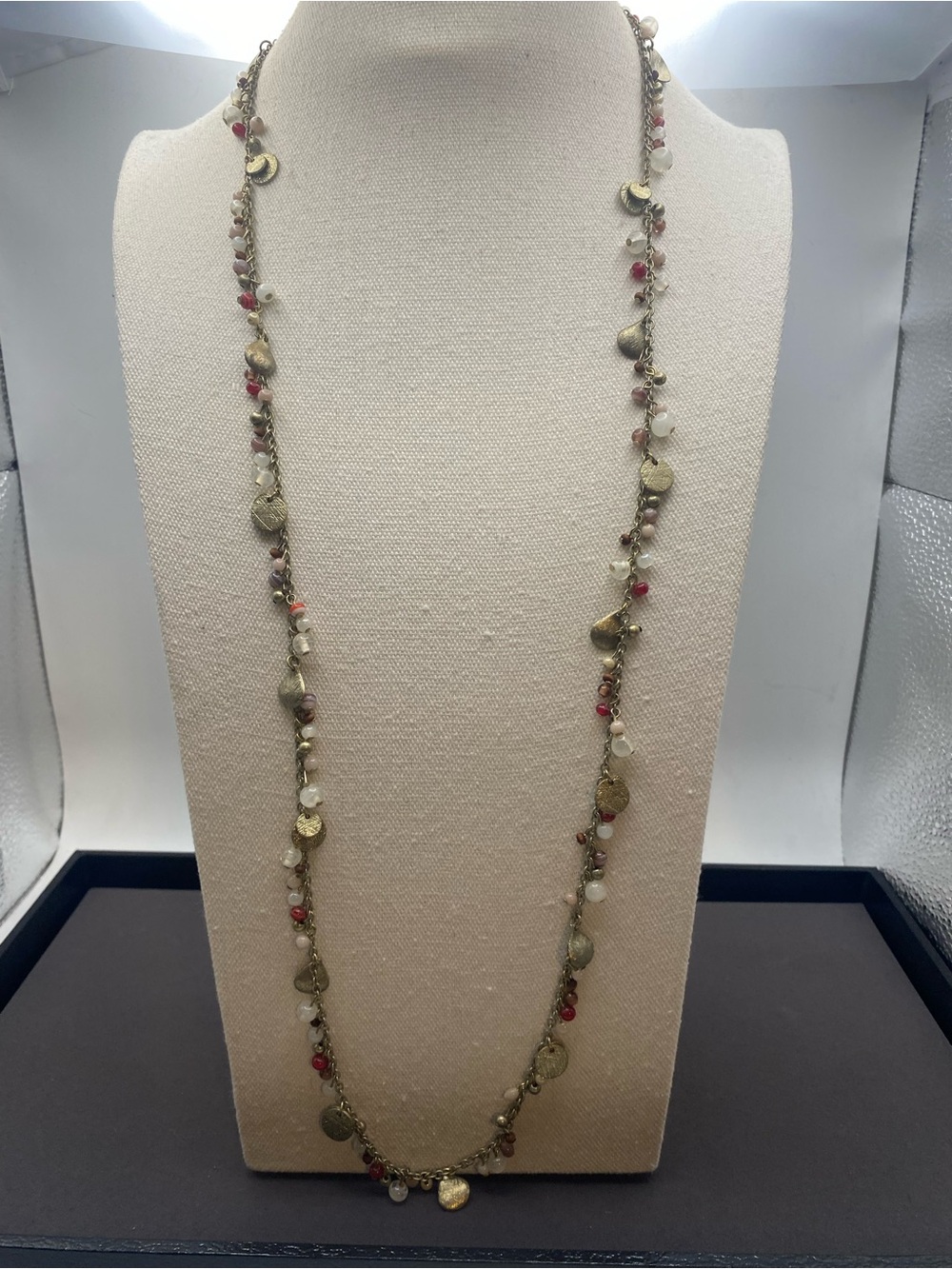 Cold Water Creek Gold-Tone Long Necklace with Pink and White Beads 18”